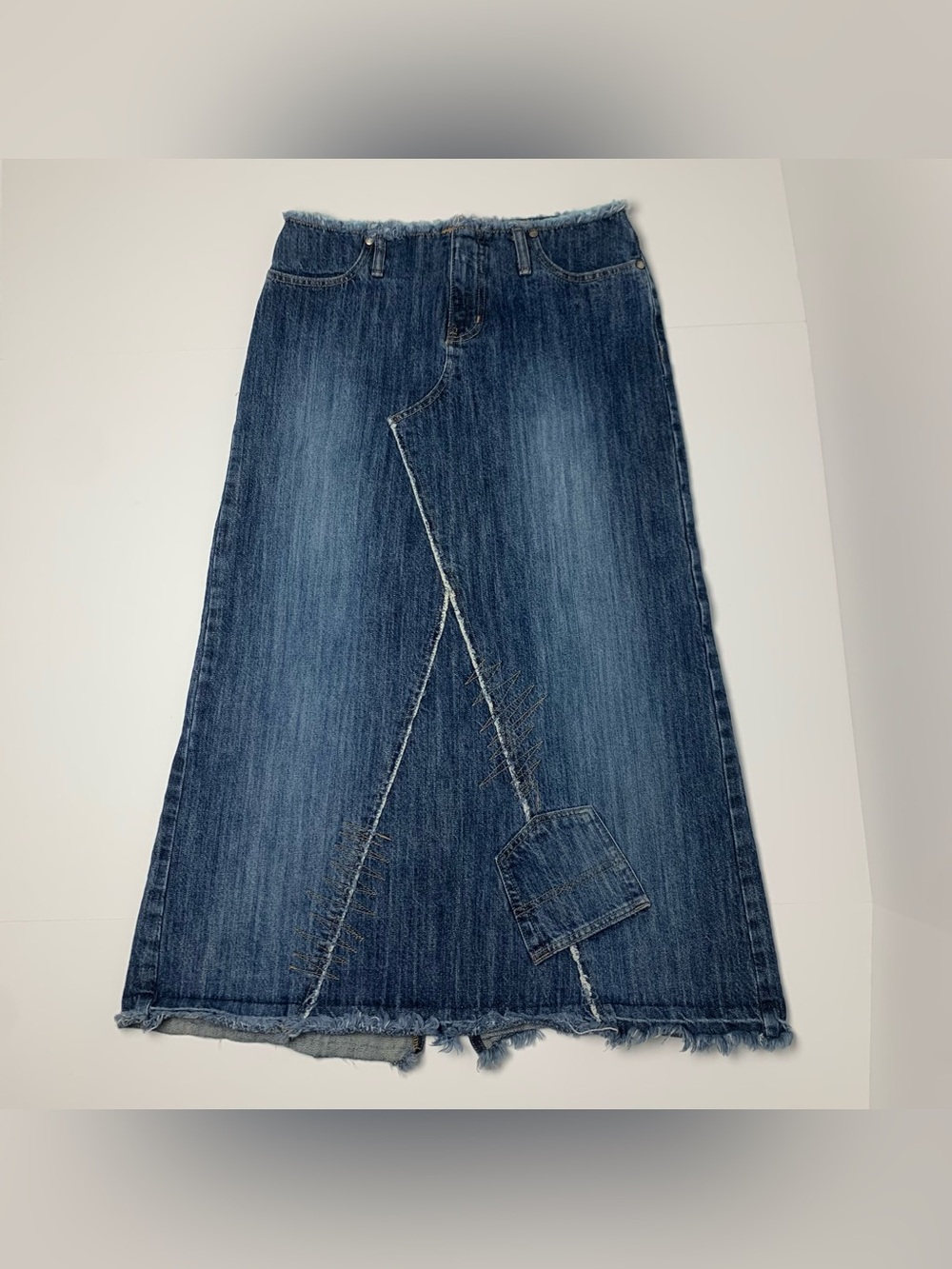 Vintage Y2k Hydraulic Jean Maxi Skirt Long Distressed Blue Denim Size 7/8